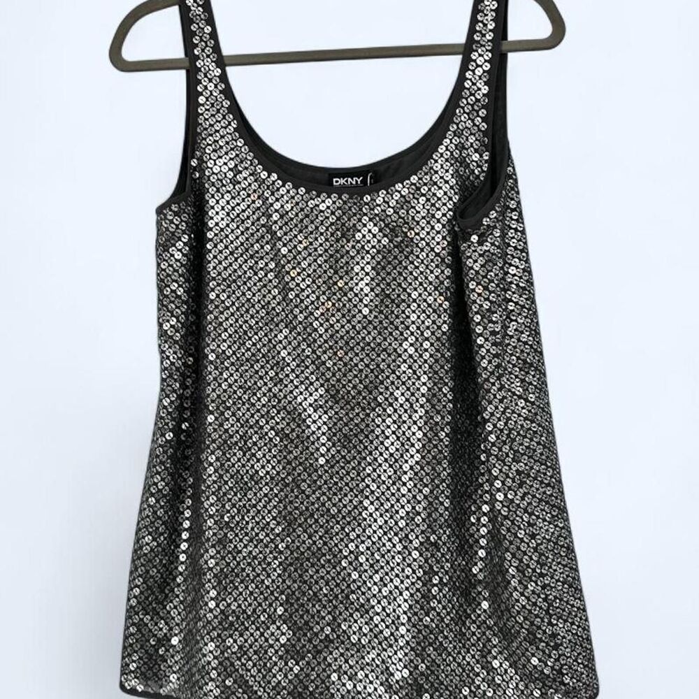 Silver Sequin Shimmer Scoop Neck Metallic Party Tank Top Shell c. 2004